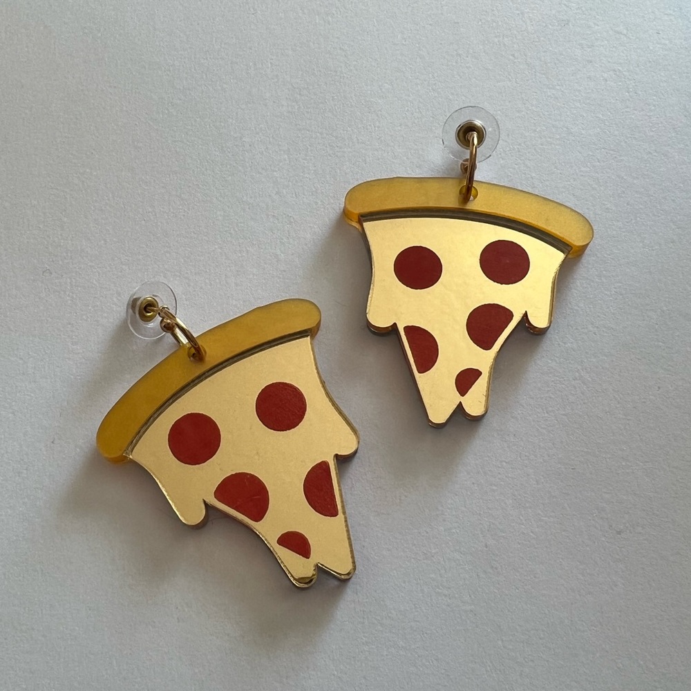 Acrylic Metallic Maximalist Pizza Dangle Statement Earrings - Approx 2”